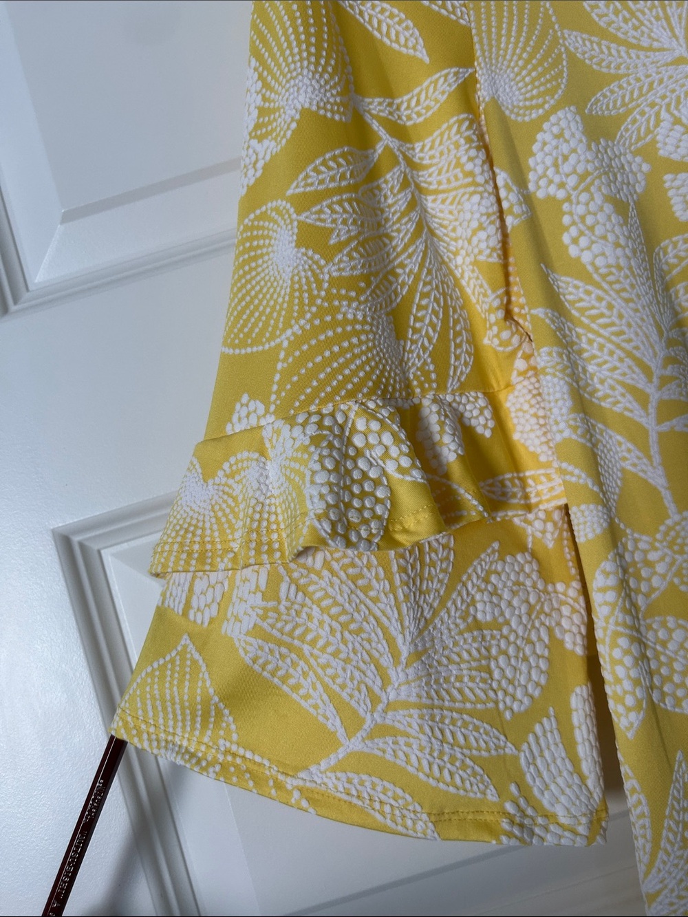 Ruby Rd. Yellow and White Tropical Print Ruffle-Sleeve Top - Picture 2 of 6